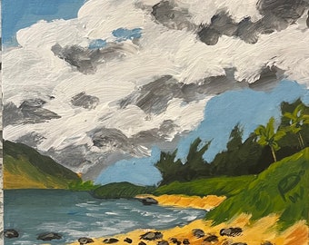 Clouds over the West Maui Mountains, Maui.  8”x8” acrylic On cradled wood- en plein air - Original Landscape Acrylic Painting