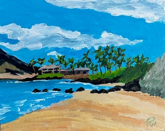 Paipu Beach looking North, Maui.  8”x10”acrylic On cradled wood- en plein air - Original Landscape Acrylic Painting