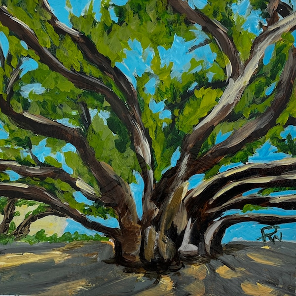 Banyan Tree, Maui.  8”x8”. acrylic On cradled wood- en plein air - Original Landscape Acrylic Painting