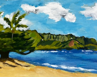 Hanalei Bay, Kaua’i 6”x12” Acrylic on Cradled Wood Original en Plein air painting