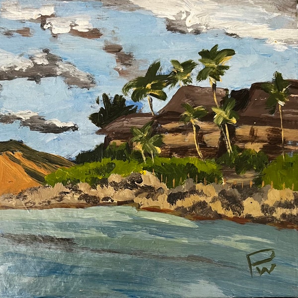 Napili with Molokini in the back, Maui.   6”x6" acrylic on Cradled wood- en plein air - Original Landscape Acrylic Painting