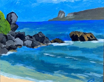 Sandy Beach, Moloka’i.  8”x8”acrylic On cradled wood- en plein air - Original Landscape Acrylic Painting