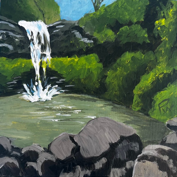 Twin Falls, Maui.   6”x6" acrylic on cradled wood. - en plein air - Original Seascape Acrylic Painting