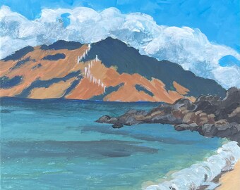 Maluaka Beach 3, Maui.  8”x8” acrylic On cradled wood- en plein air - Original Landscape Acrylic Painting