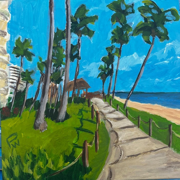 Ka’anapali Beachwalk, Maui.  6”x6” acrylic On cradled wood- en plein air - Original Landscape Acrylic Painting