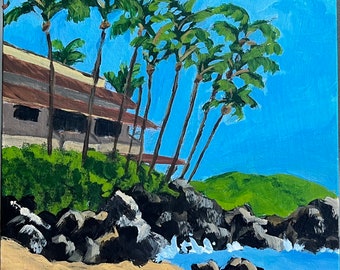 Makena Surf Beach, Maui.  8”x8”acrylic On cradled wood- en plein air - Original Landscape Acrylic Painting