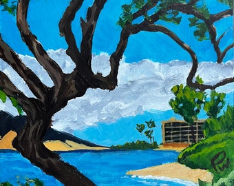 Mokapu  Beach, Maui.  8”x8”acrylic On cradled wood- en plein air - Original Landscape Acrylic Painting