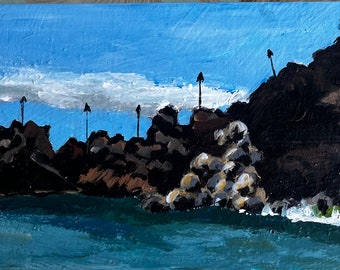 Black Rock, Ka’anapali, Maui.   6”x12" acrylic on cradled wood. - en plein air - Original Landscape Acrylic Painting