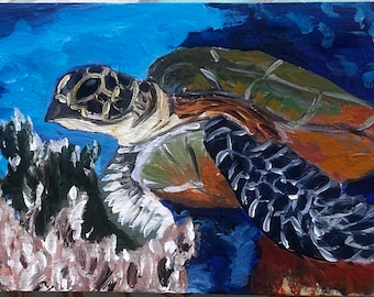 Green Sea Turtle, Maui.  6”X12” acrylic On cradled wood- en plein air - Original Acrylic Painting