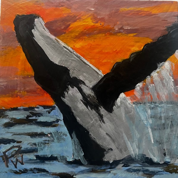 Sunset Whale, Maui.   6”x6” acrylic on cradled wood. - en plein air - Original Seascape Acrylic Painting