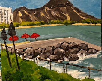Diamond Head, Oahu.  8”x8”acrylic On cradled wood- en plein air - Original Landscape Acrylic Painting