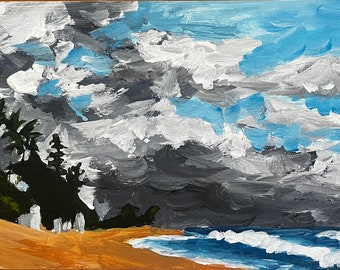 Bonsai Pipeline, Oahu.  6”x12” acrylic on canvas. - en plein air - Original Landscape Acrylic Painting