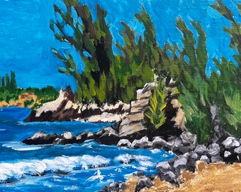 D.T. Fleming Beach, Maui.  6”x12” acrylic On cradled wood- en plein air - Original Landscape Acrylic Painting