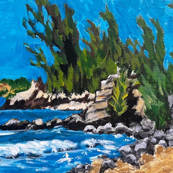 D.T. Fleming Beach, Maui.  6”x12” acrylic On cradled wood- en plein air - Original Landscape Acrylic Painting