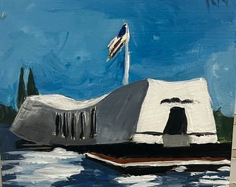 Pearl Harbor Monument, Oahu.  6”x6”acrylic On cradled wood- en plein air - Original Landscape Acrylic Painting