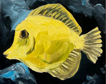 Yellow Tang fish, Maui.   6”x6" Oil on cradled wood. - en plein air - Original Acrylic Painting