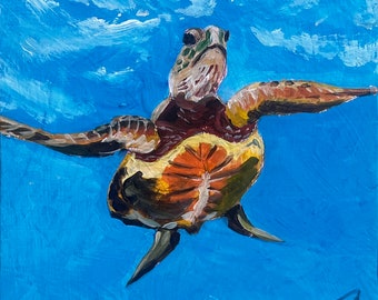 Honu coming for air, Maui.  8”x8” acrylic On cradled wood- en plein air - Original Acrylic Painting