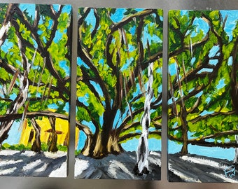 Lahaina Banyan Tree Triptych, Maui.  3- 12”x6” panels. acrylic On cradled wood- en plein air - Original Landscape Acrylic Painting