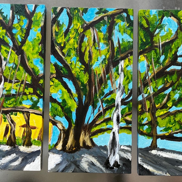 Lahaina Banyan Tree Triptych, Maui.  3- 12”x6” panels. acrylic On cradled wood- en plein air - Original Landscape Acrylic Painting