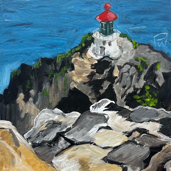 Makapuʻu Point Lighthouse, Oahu.  8”x8”acrylic On cradled wood- en plein air - Original Landscape Acrylic Painting