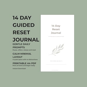 Könnte beinhalten: Ein druckbares A4-PDF-Journal mit minimalistischem Design. Auf dem Cover steht "14 Day Reset Journal" mit einer einfachen Blattillustration. Das Journal bietet sanfte tägliche Anregungen zur Reflexion und zum Loslassen.
