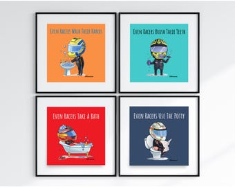 Arte de pared para baño: juego de 4 pilotos de carreras