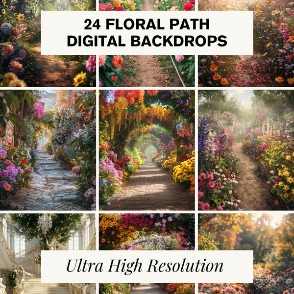 Floral Secret Garden Digital Backdrops Studio Backdrop, Garden Path, Flowers Backdrop, Children Photography, Photoshop Overlays