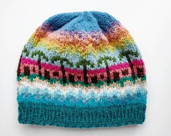 CaRRiBeAN CoTTaGe HAT Knit Colorful Wool CAP, Pink Blue Green FaiR IsLe BeANiE Multicolor Winter ToQUE, Adult Teen, Made PEI, Free Shipping