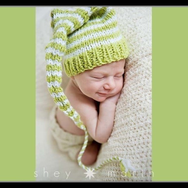 FEATURED WWW PARENTS COM        Custom Knit       Funky Newborn Munchkins Hat   Stocking Cap  lime green  and  white  stripes with cord and tassle