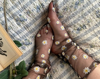 Daisy Black Mesh Print Socks: Floral + Elegant | Gifts for Her | Girls socks | Summer + Spring fashion | flower | Women's Fashion Socks