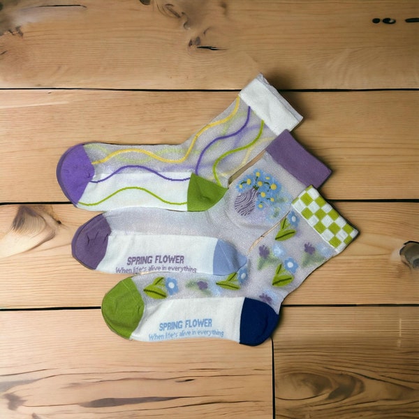 3 Bright Flower-Patterned Women's Semi-Sheer Socks | Perfect for Spring and Summer Fashion | Gifts for Her | Colourful unique socks | Floral