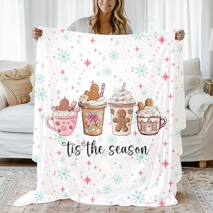 Christmas Gingerbread Blanket, Tis the season Christmas Blanket, Christmas Coffee Blanket, Cute Holiday Throw, Pink Christmas Blanket