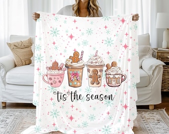 Christmas Gingerbread Blanket, Tis the season Christmas Blanket, Christmas Coffee Blanket, Cute Holiday Throw, Pink Christmas Blanket