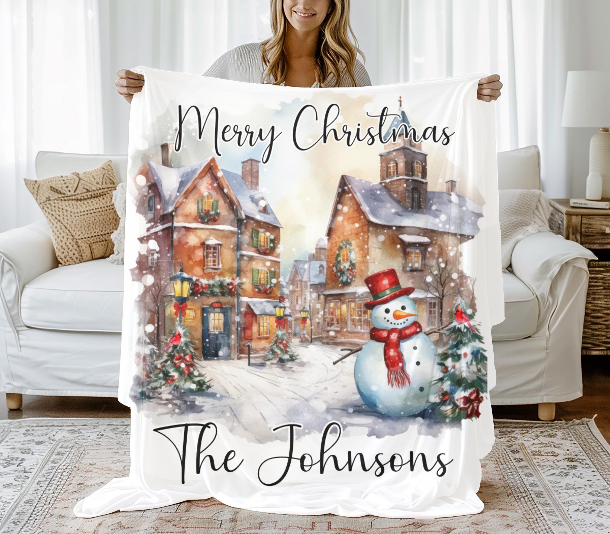 Christmas Village Blanket, Personalized Christmas Village Blanket, Custom Winter Village with Snowman, Custom Christmas blanket with Name