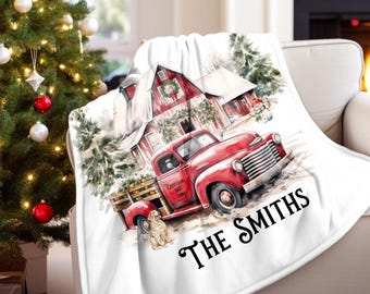 Personalized Christmas blanket Christmas blanket with name red farm truck blanket  family Christmas gift personalized farmhouse decor retro