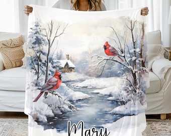 Winter Cardinal Blanket, Personalized Winter Cardinal Blanket, Cardinal Blanket Gift, Cardinal Throw Blanket Gift for Grandma, Bird Blanket