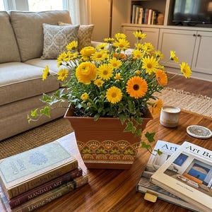 May include: A square terracotta planter with a white dotted mandala pattern containing a vibrant arrangement of yellow and orange daisies and ranunculus flowers with green ivy leaves trailing over the sides of the pot.