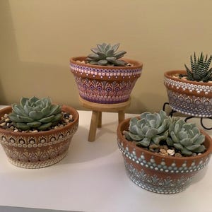 Hand Painted Wide Planter – Terracotta Succulent Pot – Mandala Dot Art – Drainage Hole – Unique Artisan Gift
