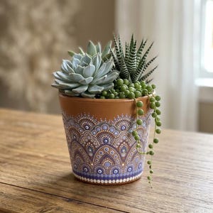 May include: A terracotta plant pot decorated with a hand-painted mandala pattern of white, light blue, and dark blue dots. The pot contains a collection of succulents, including a rosette-shaped echeveria, a striped haworthia, and trailing string of pearls.