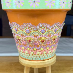 Hand Painted Terracotta Flower Pot with Mandala Dot Art, Rhinestone Decor, Drainage Hole, Boho Garden Planter, Handmade Gift