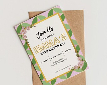 Floral Birthday Invitation Template, Editable Canva Invite (Digital Download)