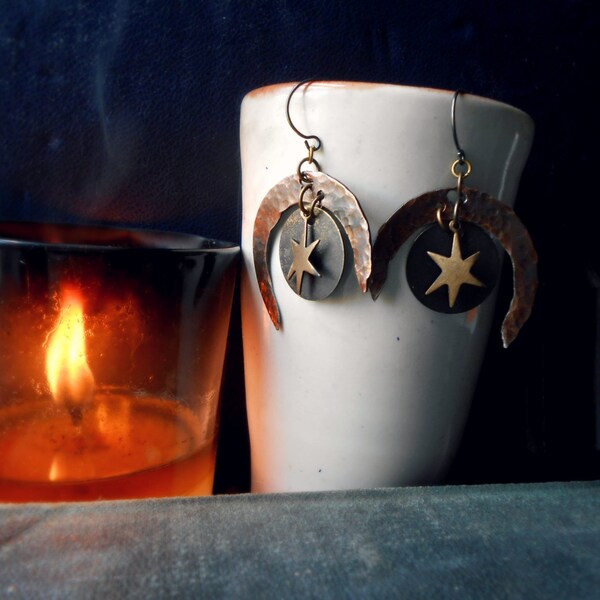 reduced - wan and wax - moon and star celestial earrings - handmade hammered metalwork - occult witch inspired jewelry