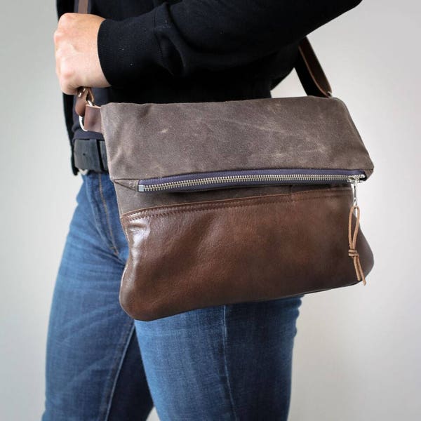 Waxed Canvas and Leather Crossbody Day Bag with Leather Strap, Bark Brown, Made in America by Stitch and Rivet