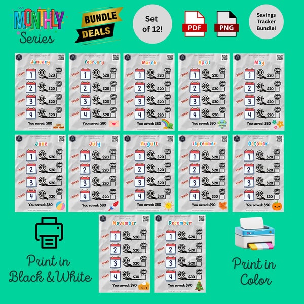 Serie mensile - Tracker delle sfide di risparmio - Pacchetto da 12 - PDF e PNG - Formato A6 - Download digitale