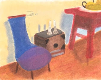 Interior cálido al atardecer (dibujo en pastel suave, hecho a mano, único)