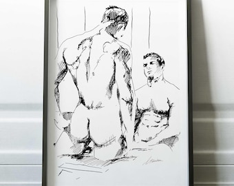 Ink Drawing Art Print, Male Couple, LGBTQ Home Decor