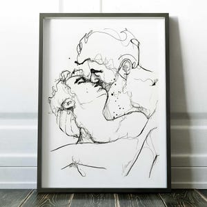 Disegno di coppia gay che si bacia, stampa d'arte gay, arte al tratto queer, decorazione murale LGBTQ, schizzo a inchiostro in bianco e nero, poster d'amore gay, arte di figura maschile