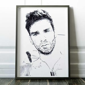 Disegno a inchiostro di ritratto maschile, stampa artistica gay, arte murale LGBTQ, schizzo di un volto queer, poster di un uomo barbuto, stampa artistica di linee gay in bianco e nero