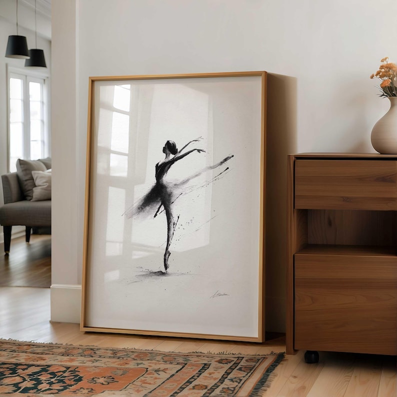 Ballet Wall Art Print Ballerina Dancer Sketch Black White Minimalist Drawing Dance Studio Bedroom Poster Contemporary Illustration Monochrome Design Ink Artwork Perfect Dance Lover Gift Professional Quality Archival Print Hand Painted