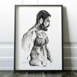 Disegno di torso maschile barbuto, stampa d'arte gay, schizzo del corpo queer per lui, arte murale a inchiostro, arte del petto maschile, arredamento LGBTQ, arte queer